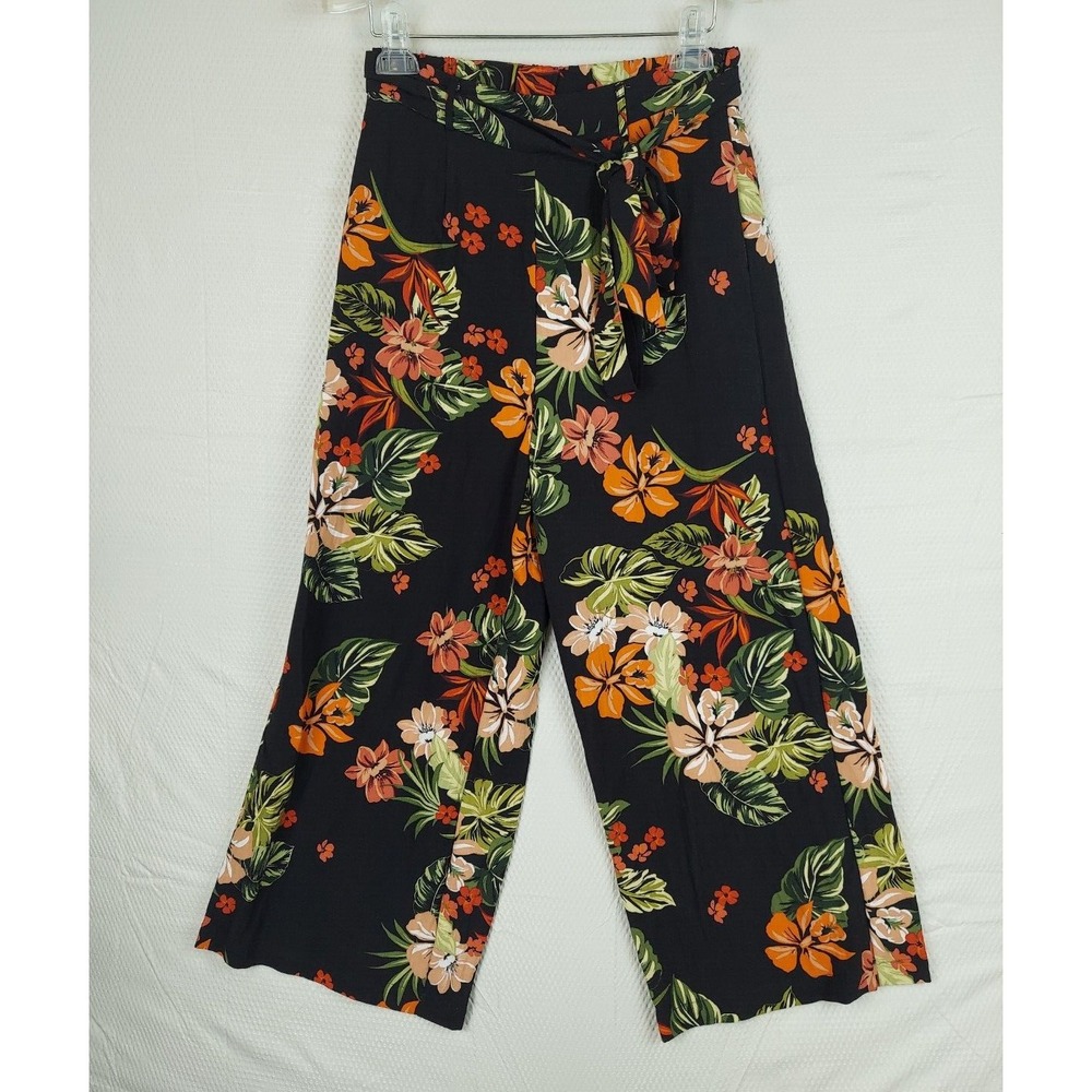 Lost + Wander Small Black Multicolor Floral Big Print Wide Leg Tie Belt Pants